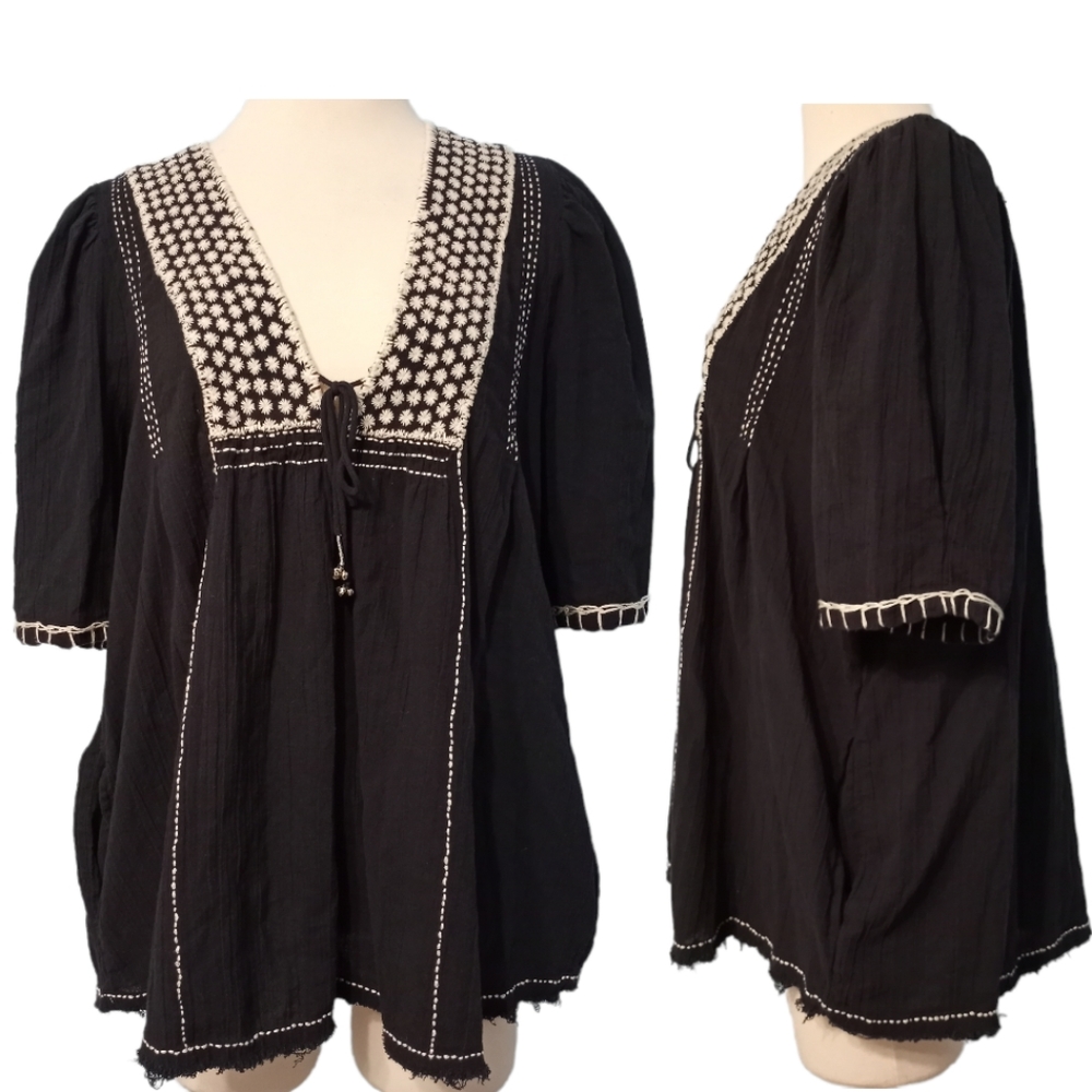 Free People Black Tunic with White Embroidery